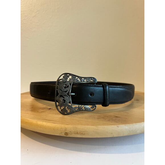 Banana Republic USA Black Genuine Leather Silver Floral Buckle Belt Size Medium main image 12
